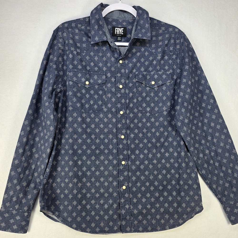 FRYE Mens Pearl Snap Western Shirt Blue Geometric Long Sleeve Med 100% Cotton